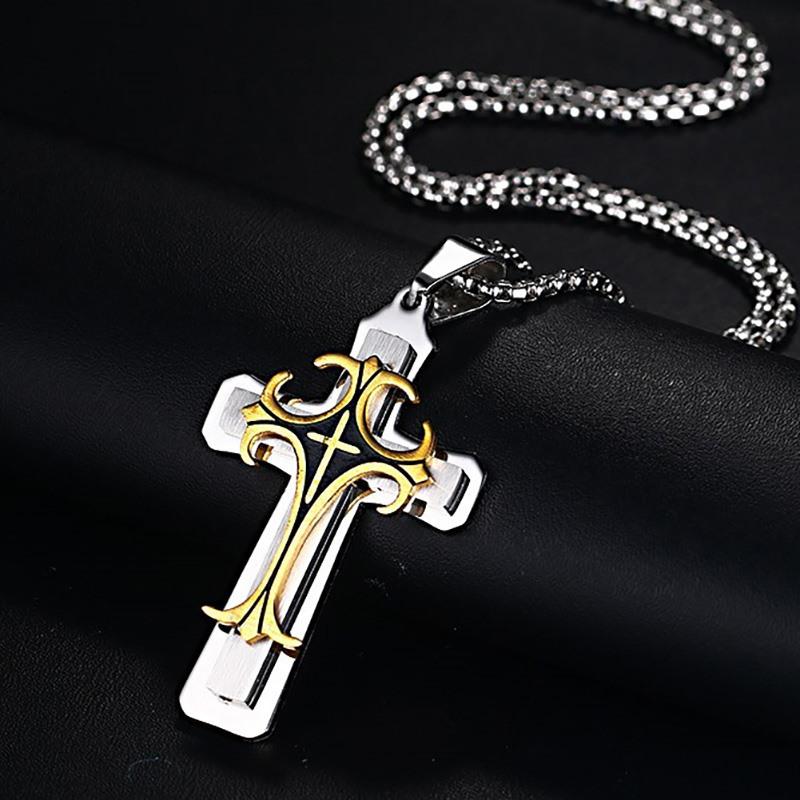 Vnox Men's Large Fleur-de-lis Cross 3-Tone Pendant Necklace