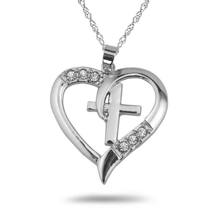 Silver Plated Jewelry Necklace Women Cross Heart Love