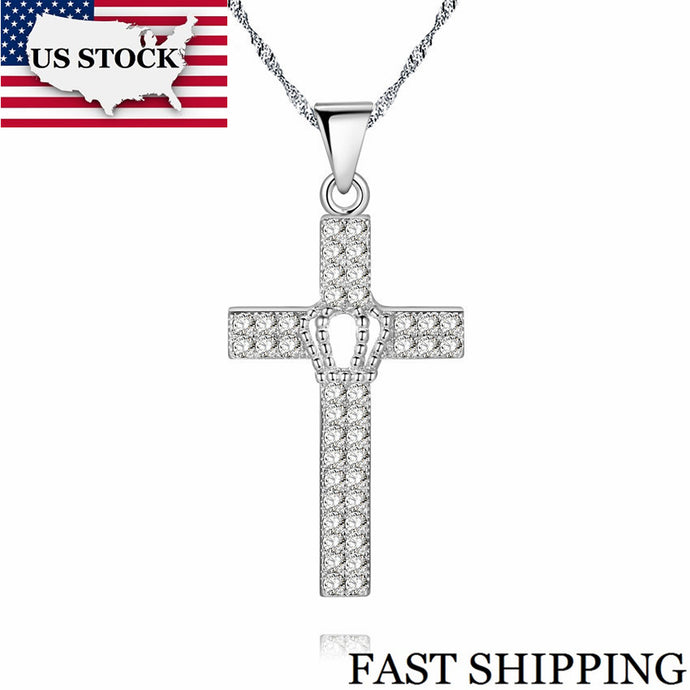 Cross Crown Necklace Women Silver